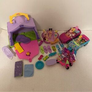 Mattel Polly pocket mixed doll lot and fisher price tent camping play items